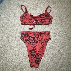 Red and black high waisted high cut bikini set
